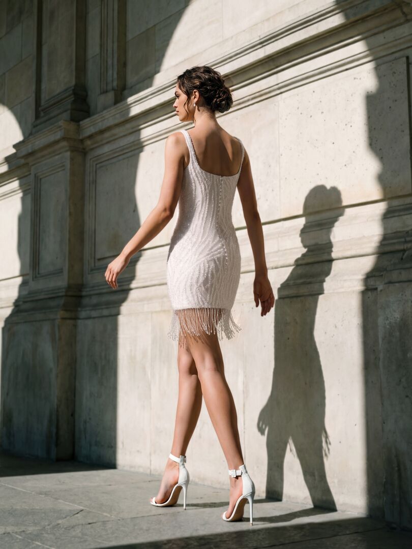 Rückenansicht Brautkleid Etui Kurz H10002